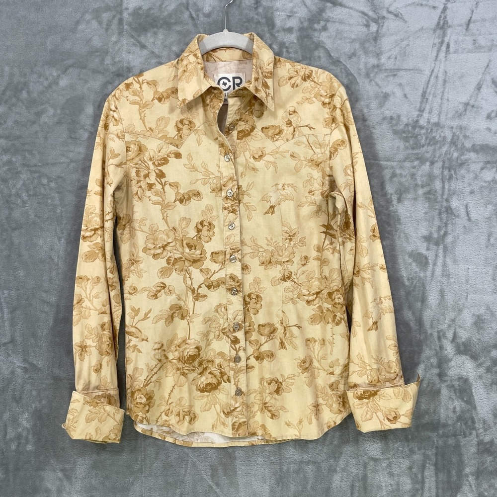 CR Ranchwear Dallas Texas Shirt Women Small Western Yoke Flip Cuff Beige Floral